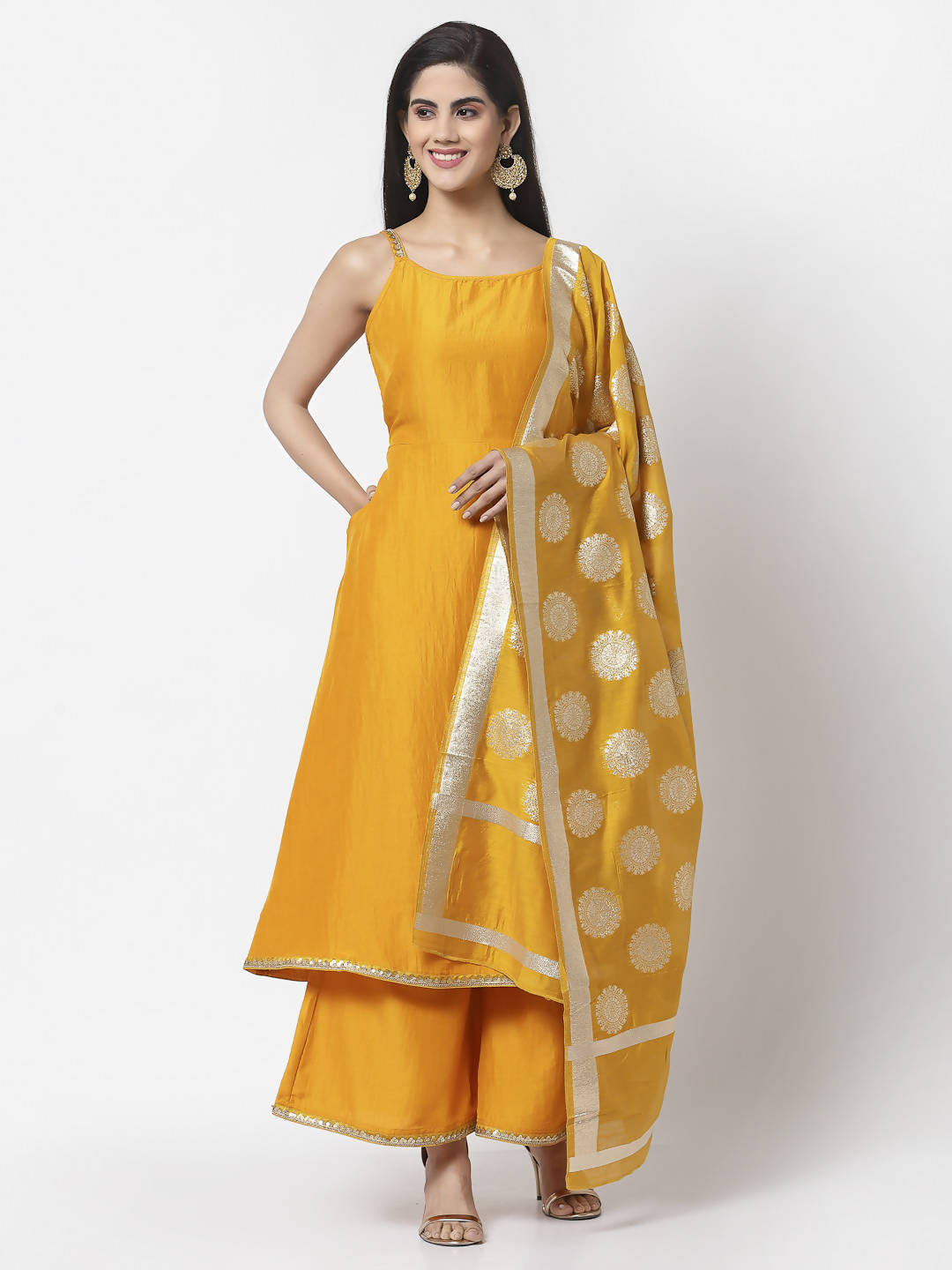 Myshka Women Yellow Silk Blend Solid Sleeveless Round Neck Neck Kurta Palazzo Dupatta Set | Grocsy