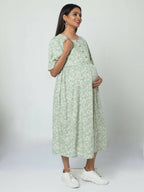 Manet Frill Slevees Maternity Dress Floral Print With Concealed Zipper Nursing Access - Green | Grocsy