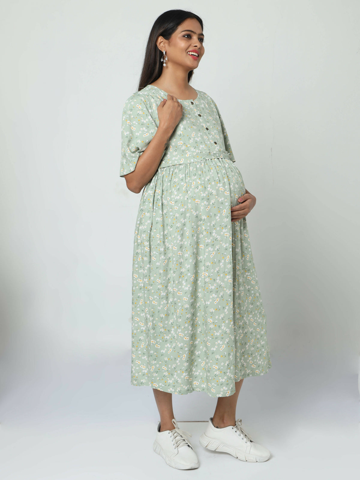 Manet Frill Slevees Maternity Dress Floral Print With Concealed Zipper Nursing Access - Green | Grocsy
