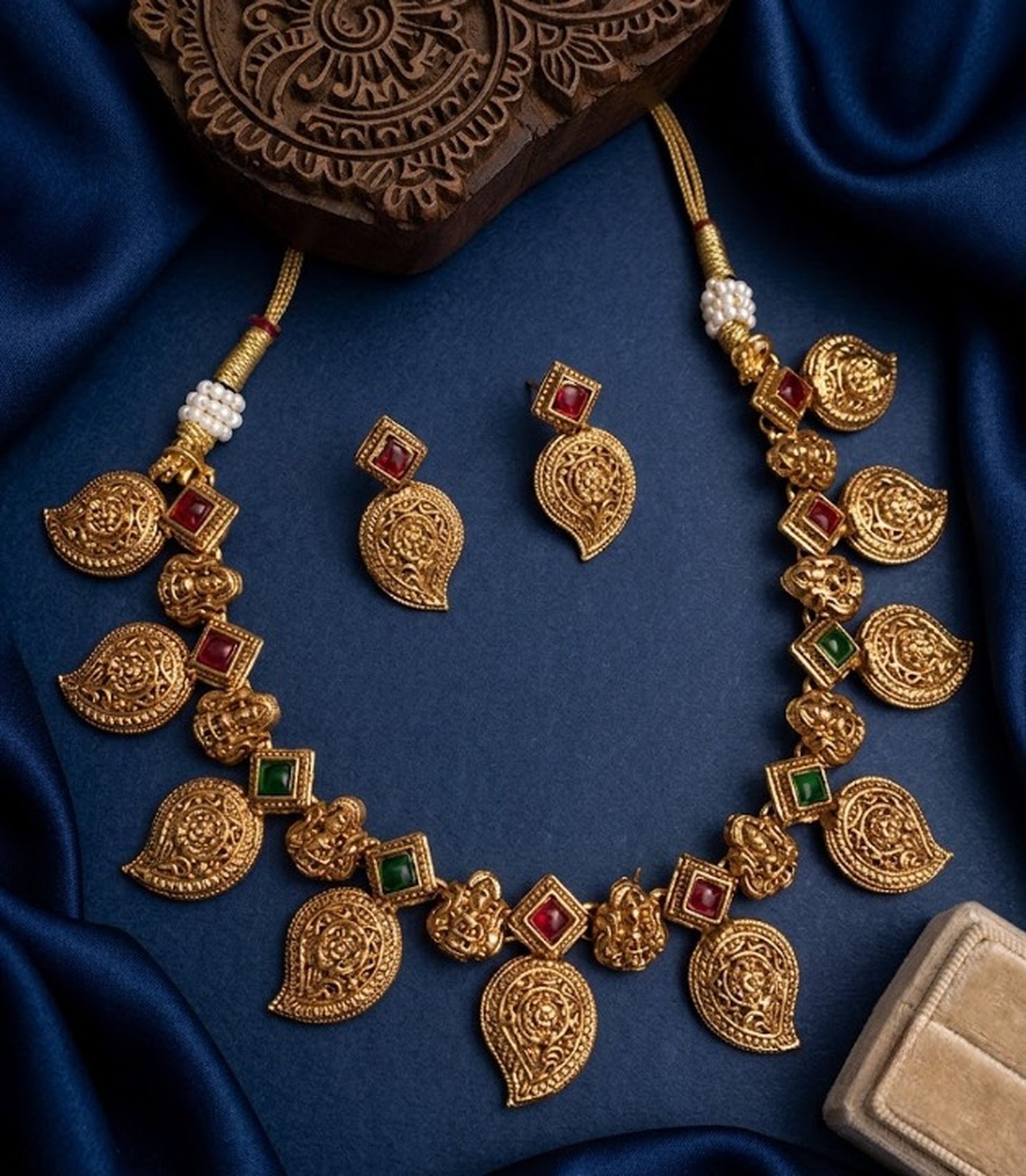 Jewel City Antique Gold Temple Jewelry Set: South Indian Mango Necklace & Earrings | Grocsy