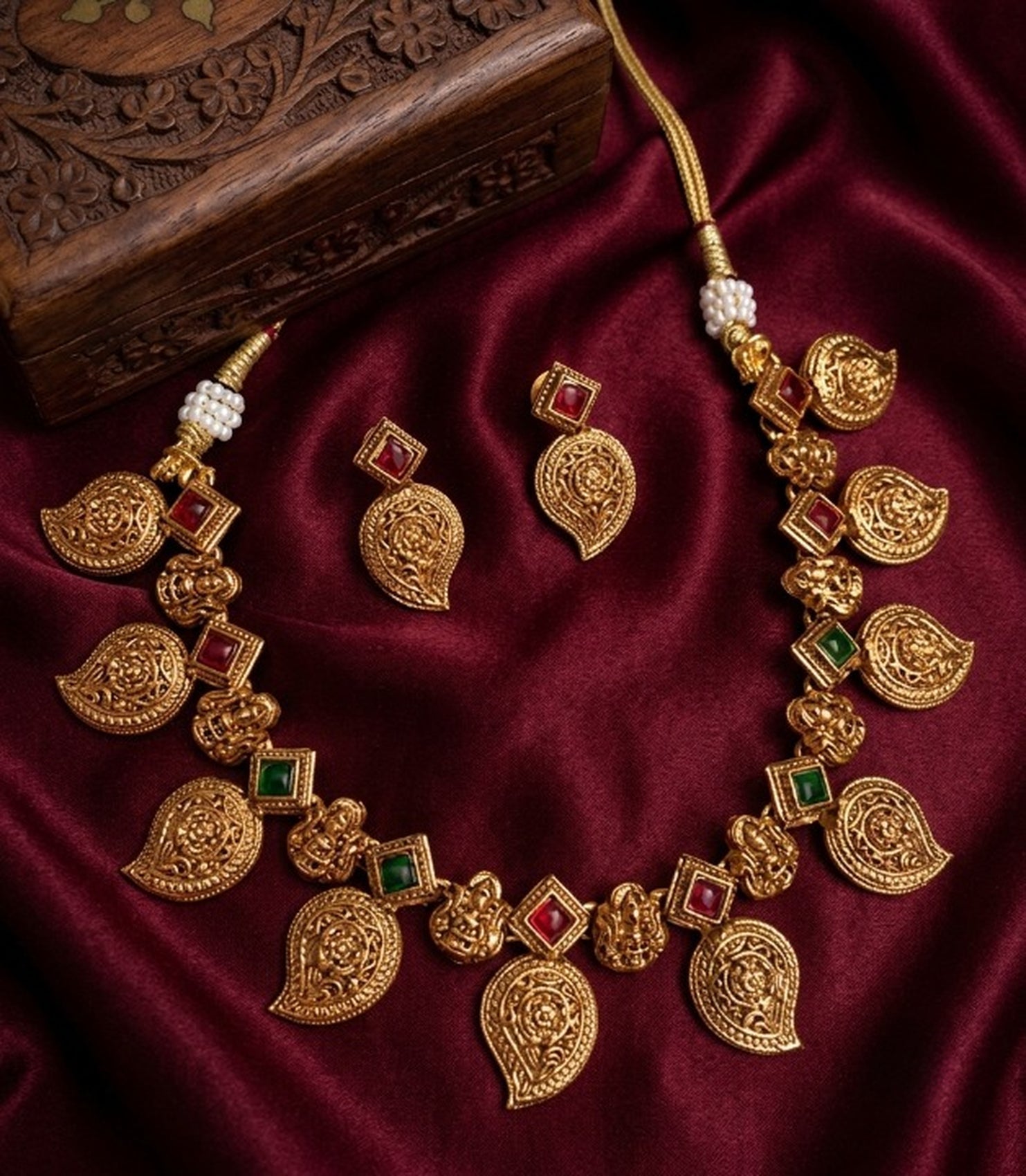 Jewel City Antique Gold Temple Jewelry Set: South Indian Mango Necklace & Earrings | Grocsy
