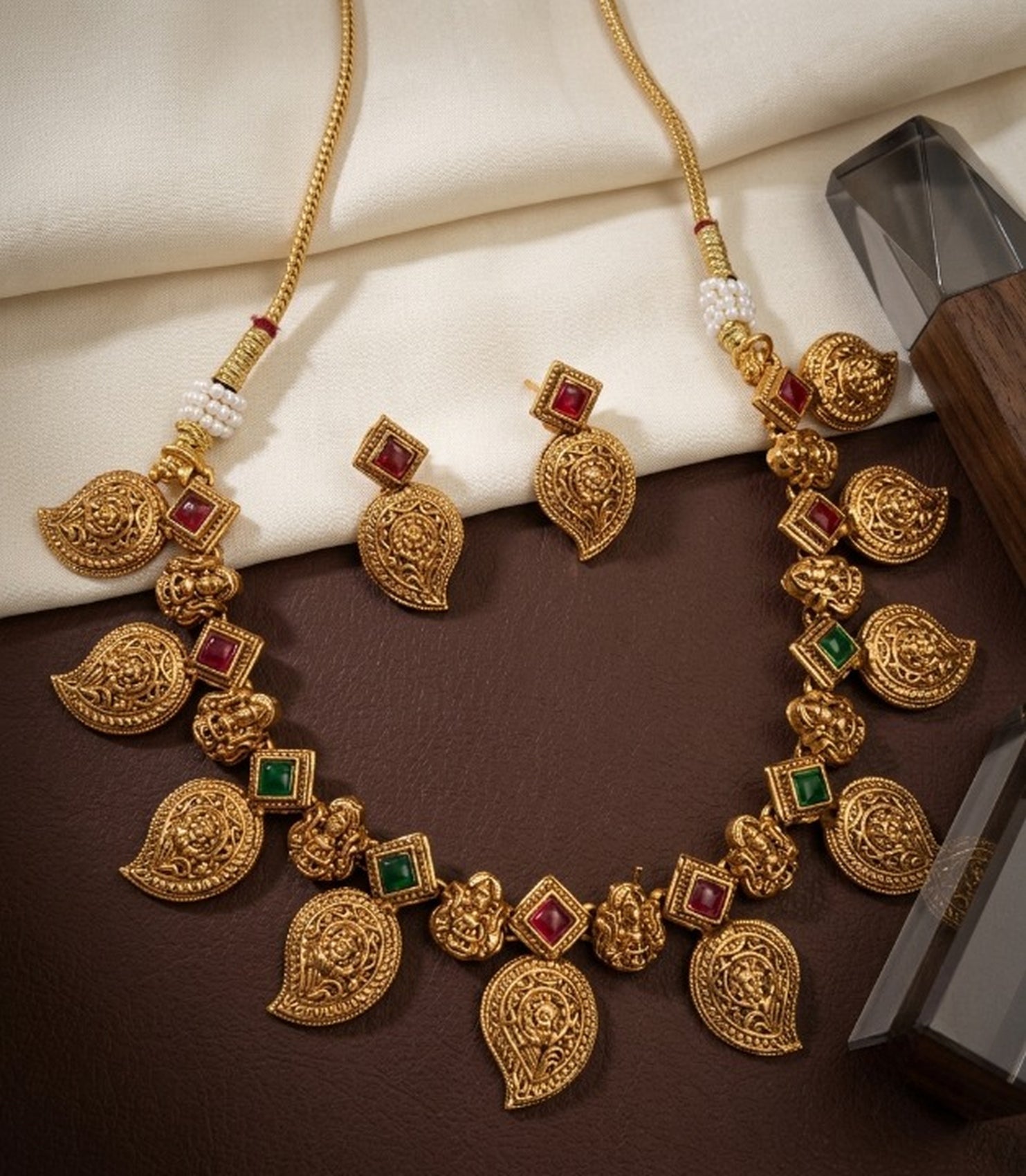 Jewel City Antique Gold Temple Jewelry Set: South Indian Mango Necklace & Earrings | Grocsy