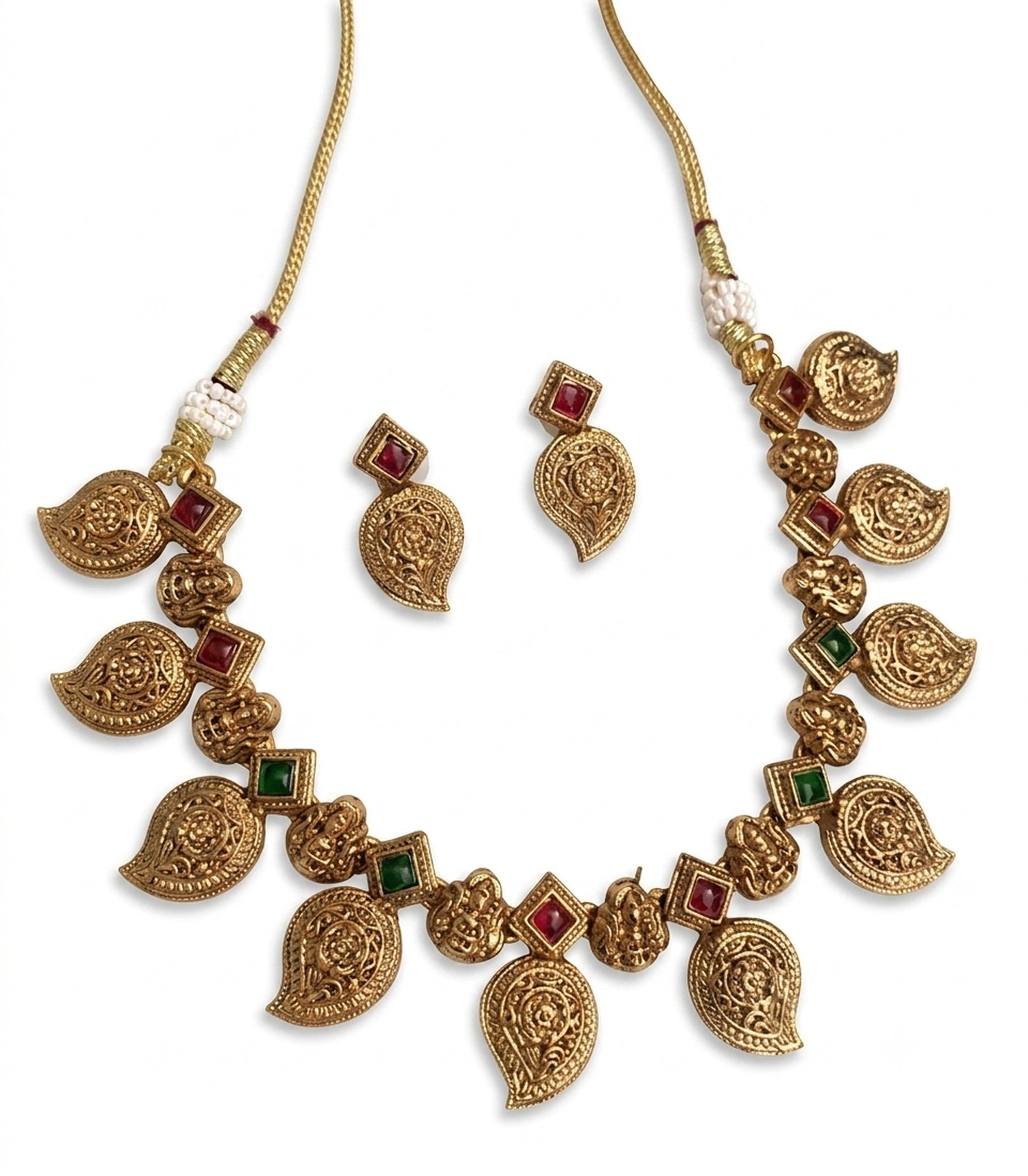Jewel City Antique Gold Temple Jewelry Set: South Indian Mango Necklace & Earrings | Grocsy