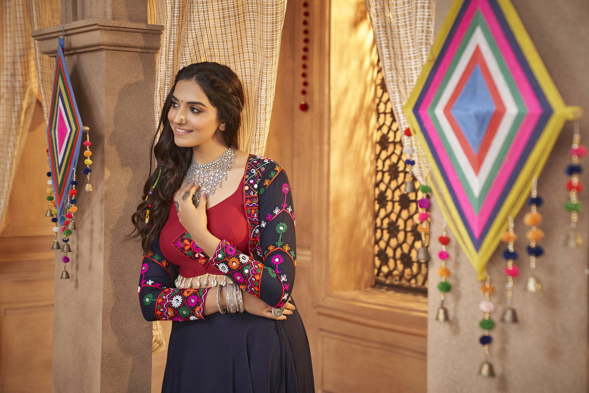 Navy Blue Viscose Rayon Thread Embroidered Work With Mirror All Over Navratri Lehenga Choli With Dupatta - Raas | Grocsy