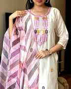 The52 Off White Women's Gorgeous Embroidered Viscose Chanderi Fabric Straight Kurta Pant with Dupatta Set | Grocsy
