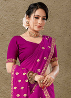 Purple Georgette Embroidered Saree with Unstitched Blouse Piece - Avika | Grocsy