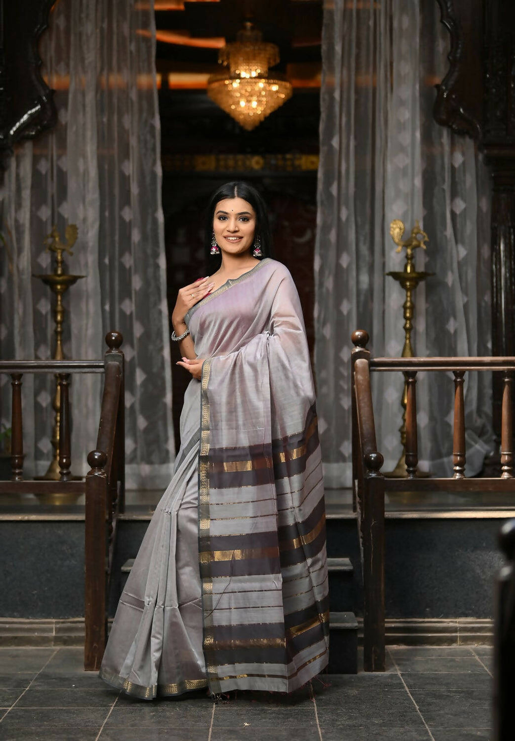 Very Much Indian VMI Exclusive Designer! Handloom Cotton Silk Saree With Sleek Golden Border - Grey Shade | Grocsy