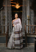 Very Much Indian VMI Exclusive Designer! Handloom Cotton Silk Saree With Sleek Golden Border - Grey Shade | Grocsy
