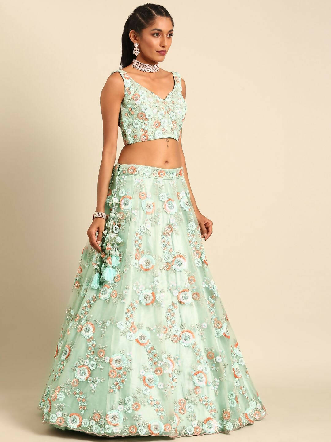 House of Panchhi Sea Green Net Sequins and Zarkan embroidery Lehenga choli & Dupatta | Grocsy