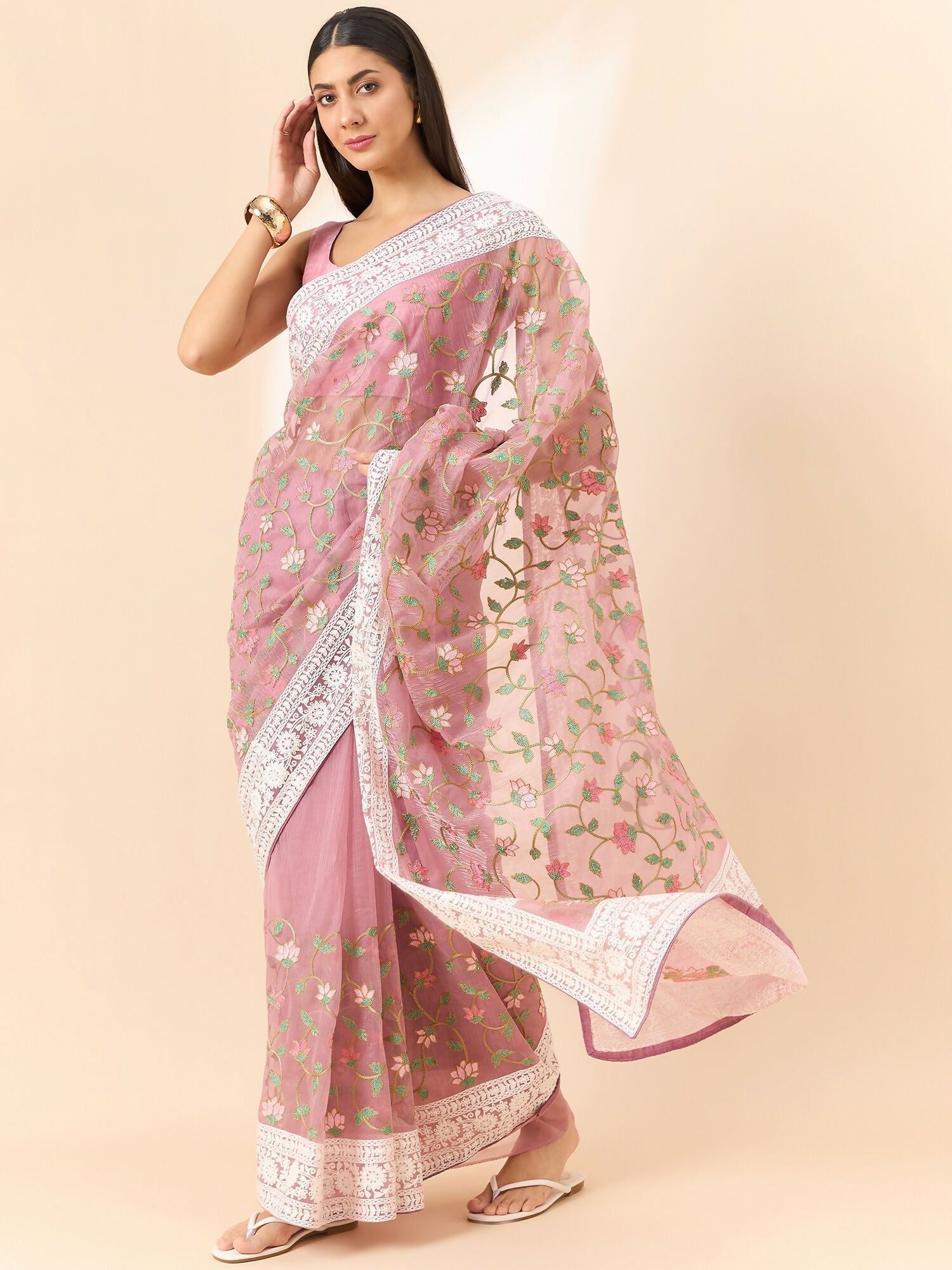 Pink Organza Floral Embroidered Saree with Unstitched Blouse Piece - Roozal | Grocsy
