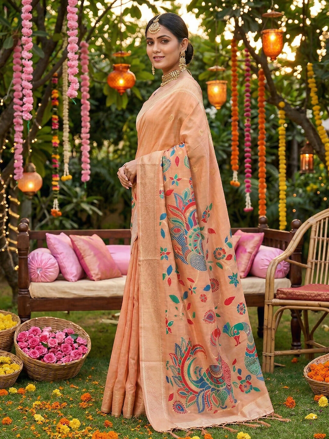Shree Shyam Fashion Peach Linen Cotton Saree | Grocsy