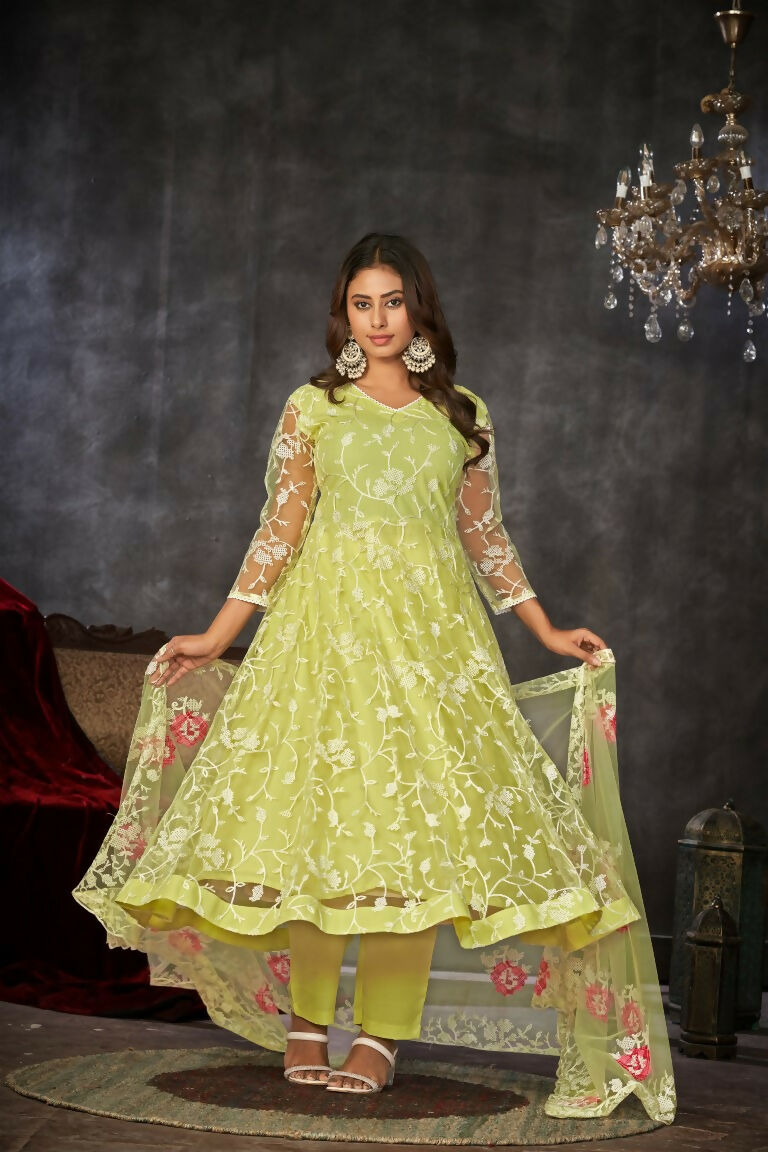 Jyoti Fashion Women's Pista Net Embroidered Anarkali Kurta Pant Set With Dupatta | Grocsy