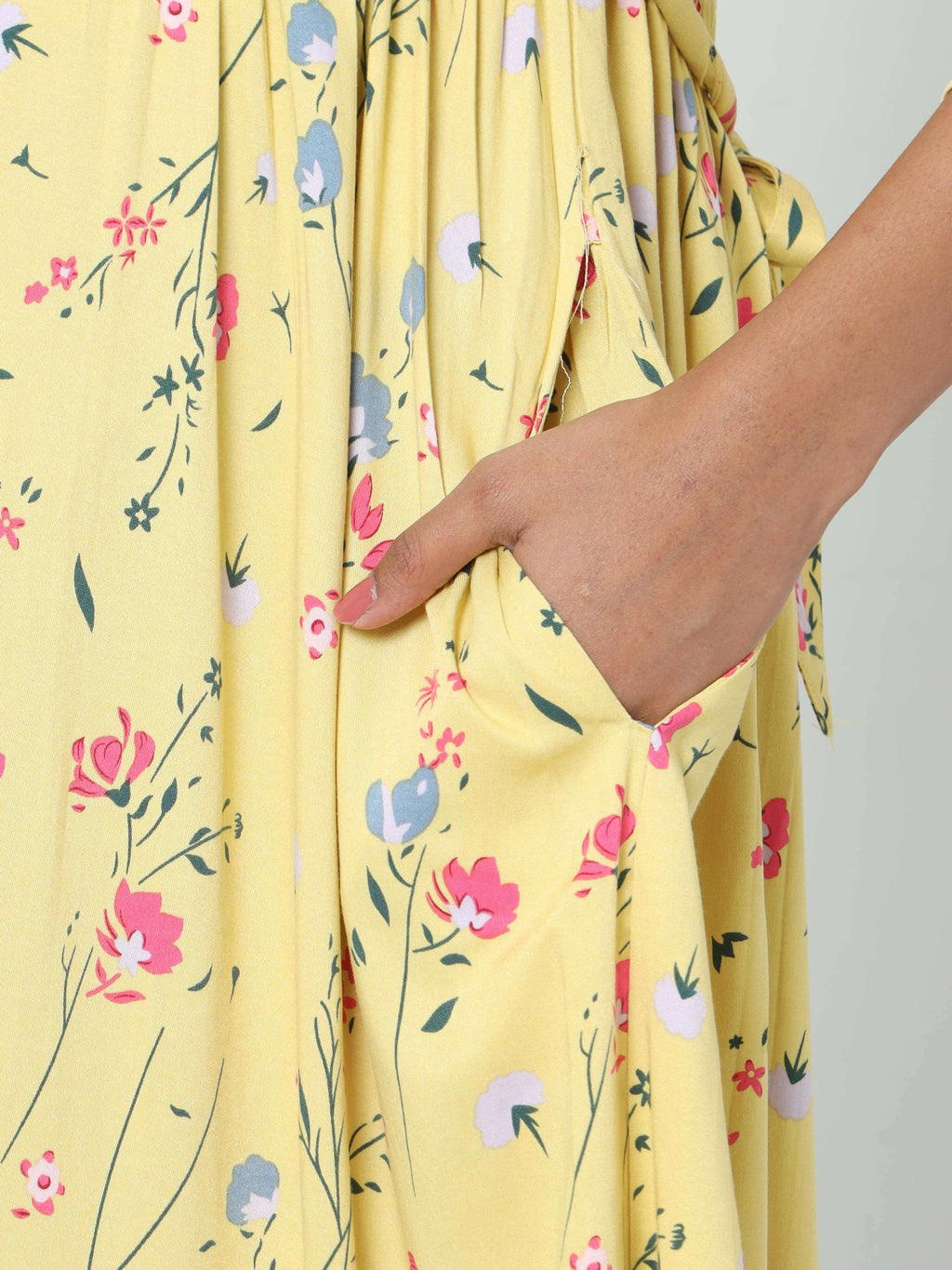 Manet Three Fourth Maternity Dress Floral Print With Concealed Zipper Nursing Access - Yellow | Grocsy