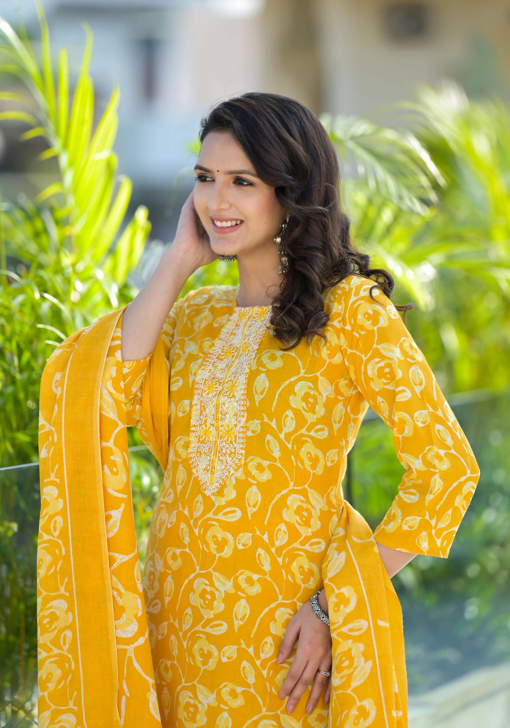 Juniper Women's Mustard Floral Printed Cotton Kurta Set With Thread Work & Sequins | Grocsy