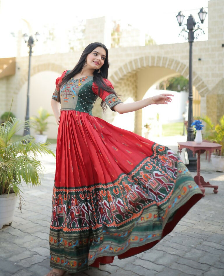 Jyoti Fashion Women's Red Patola with Foil Print Dola Silk Anarkali Dress | Grocsy