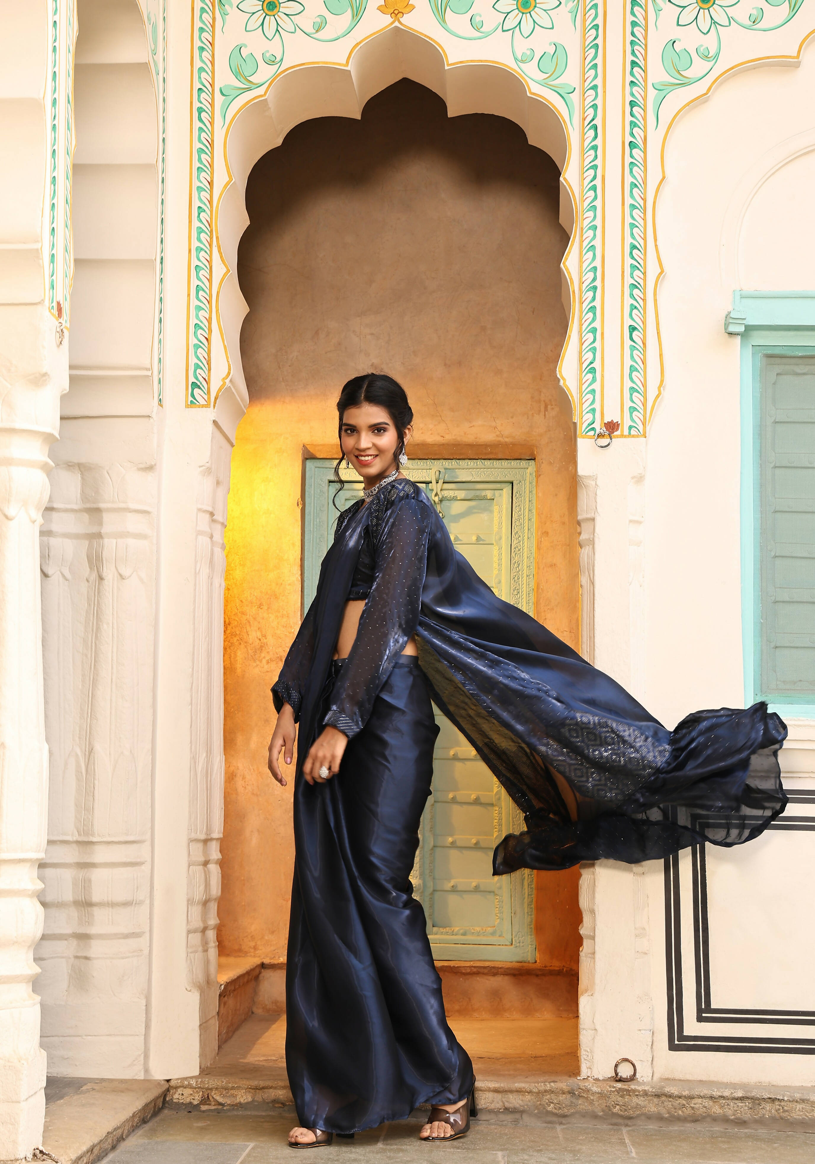 Navy Blue Tom Silk Plain Ready To Wear Saree With Stitched Blouse - Satiksha | Grocsy