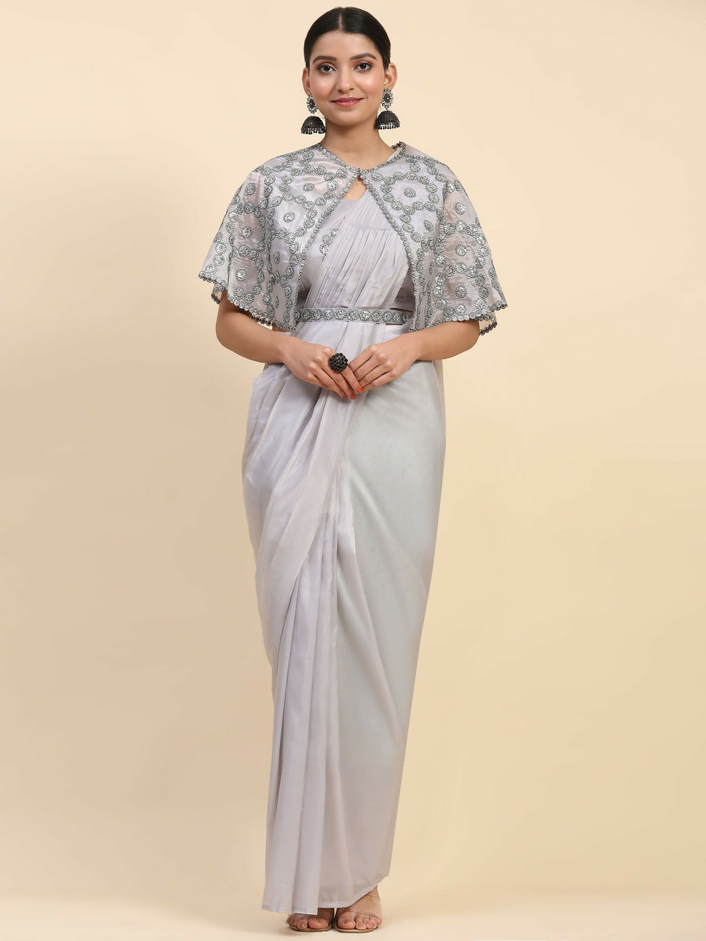 Grey Satin Solid Ready to wear Saree with stitched Blouse - Vanita | Grocsy