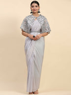 Grey Satin Solid Ready to wear Saree with stitched Blouse - Vanita | Grocsy