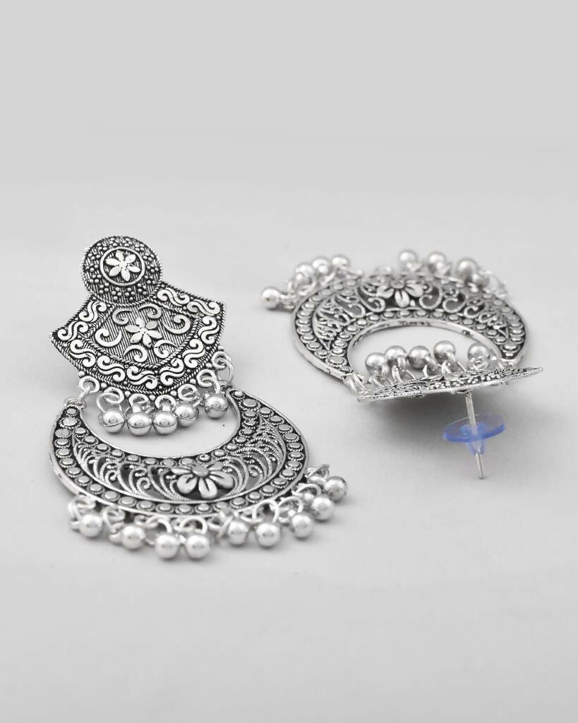 VOJ Silver Plated Oxidized Chandbali Earrings | Grocsy