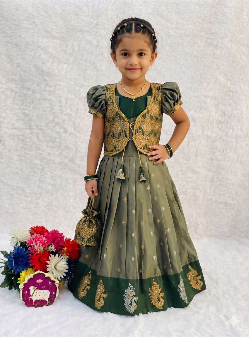 Teeya Creation New Trendy Girls Sage Green Silk Traditional Lehenga Choli Set-Green | Grocsy