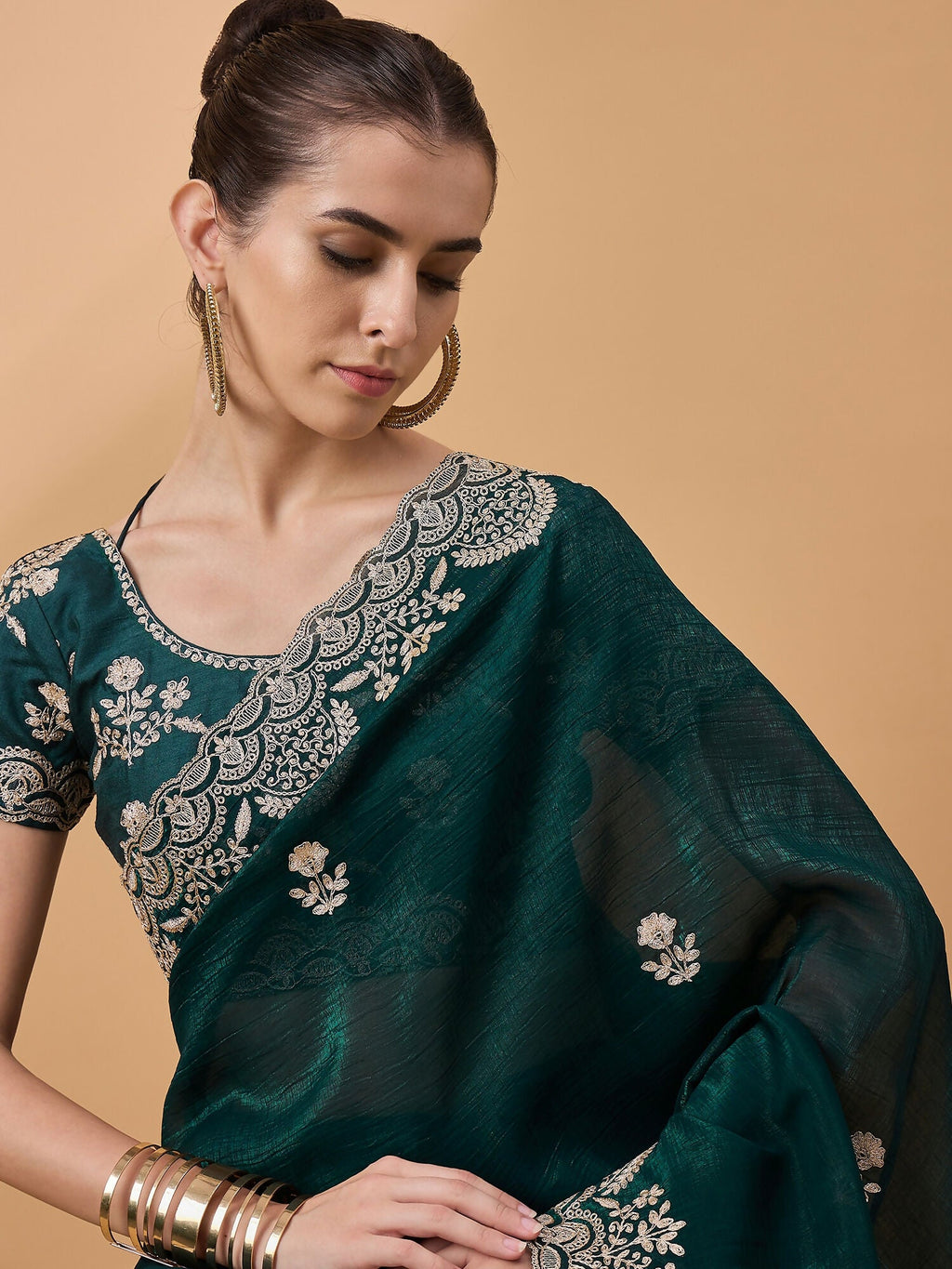 Teal Silk Embroidered Saree with Unstitched Blouse Piece - Satya | Grocsy