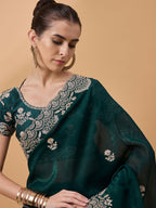 Teal Silk Embroidered Saree with Unstitched Blouse Piece - Satya | Grocsy