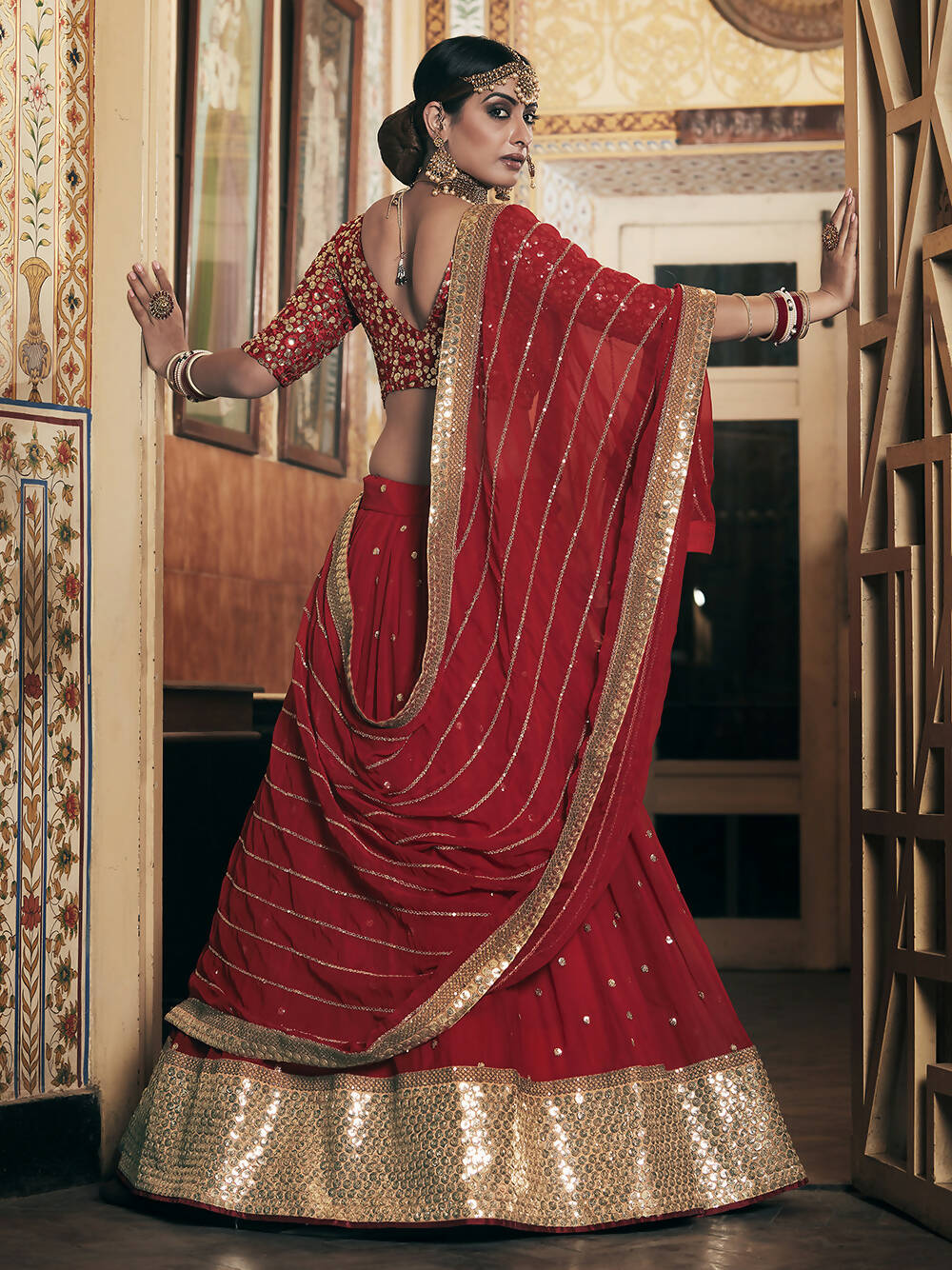 Wedding Designer Sequene Zari Resham Embroidery Red Georgette Lahengha Choli - Anbazaar | Grocsy