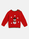 Chutput Kids Woollen Hand Knitted Full Sleeves Snowman Detail Sweater For Baby Boys With Cap - Red | Grocsy