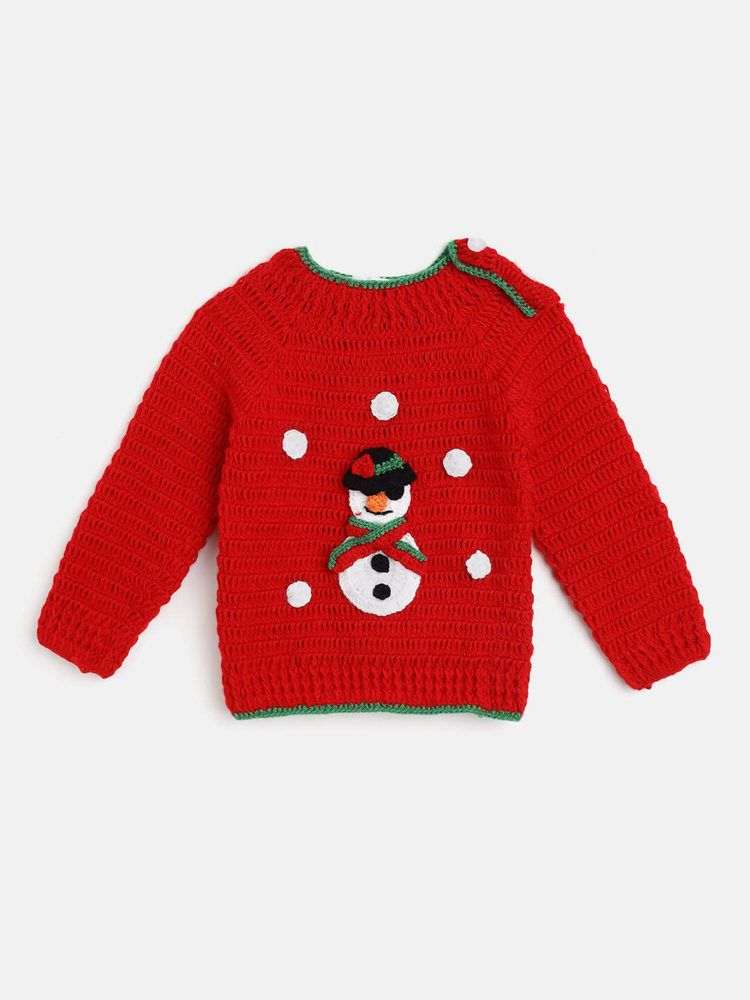 Chutput Kids Woollen Hand Knitted Full Sleeves Snowman Detail Sweater For Baby Boys With Cap - Red | Grocsy
