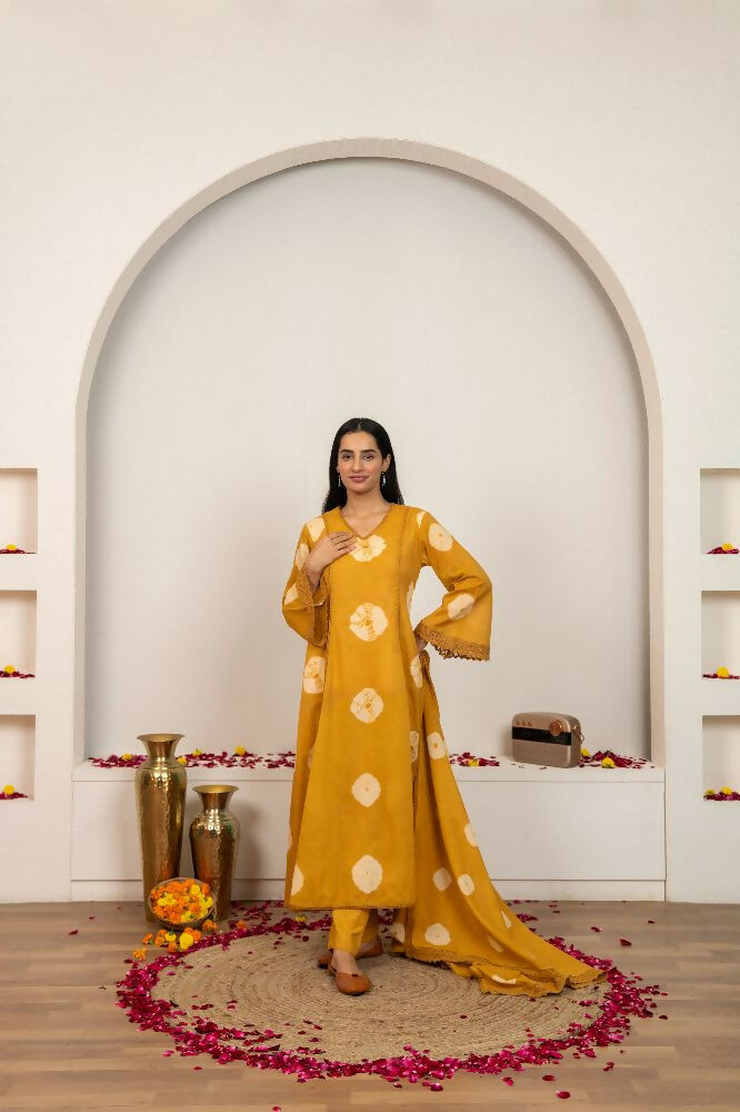 Joban Fashion Mustard Yellow Tie & Dye Cotton Suit Set | Grocsy