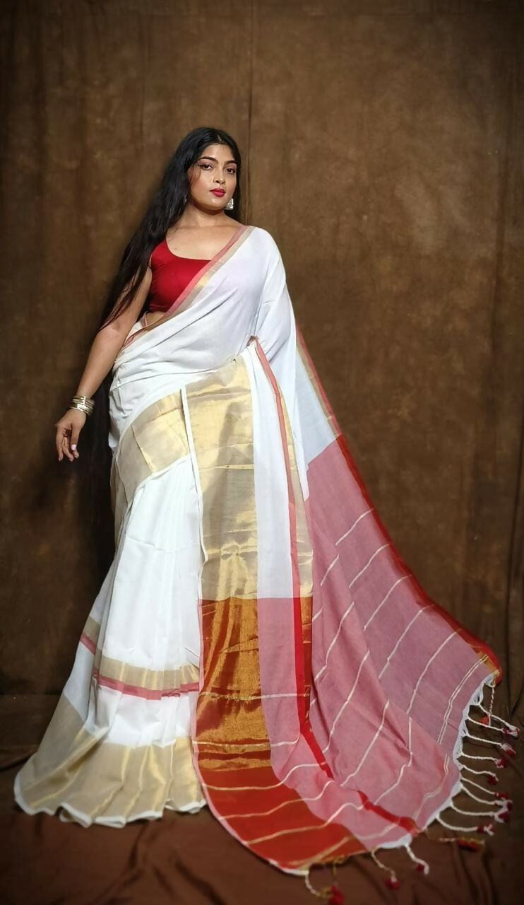 Exclusive Collection White Red Pure Cotton Handloom Gorgeous Saree | Grocsy