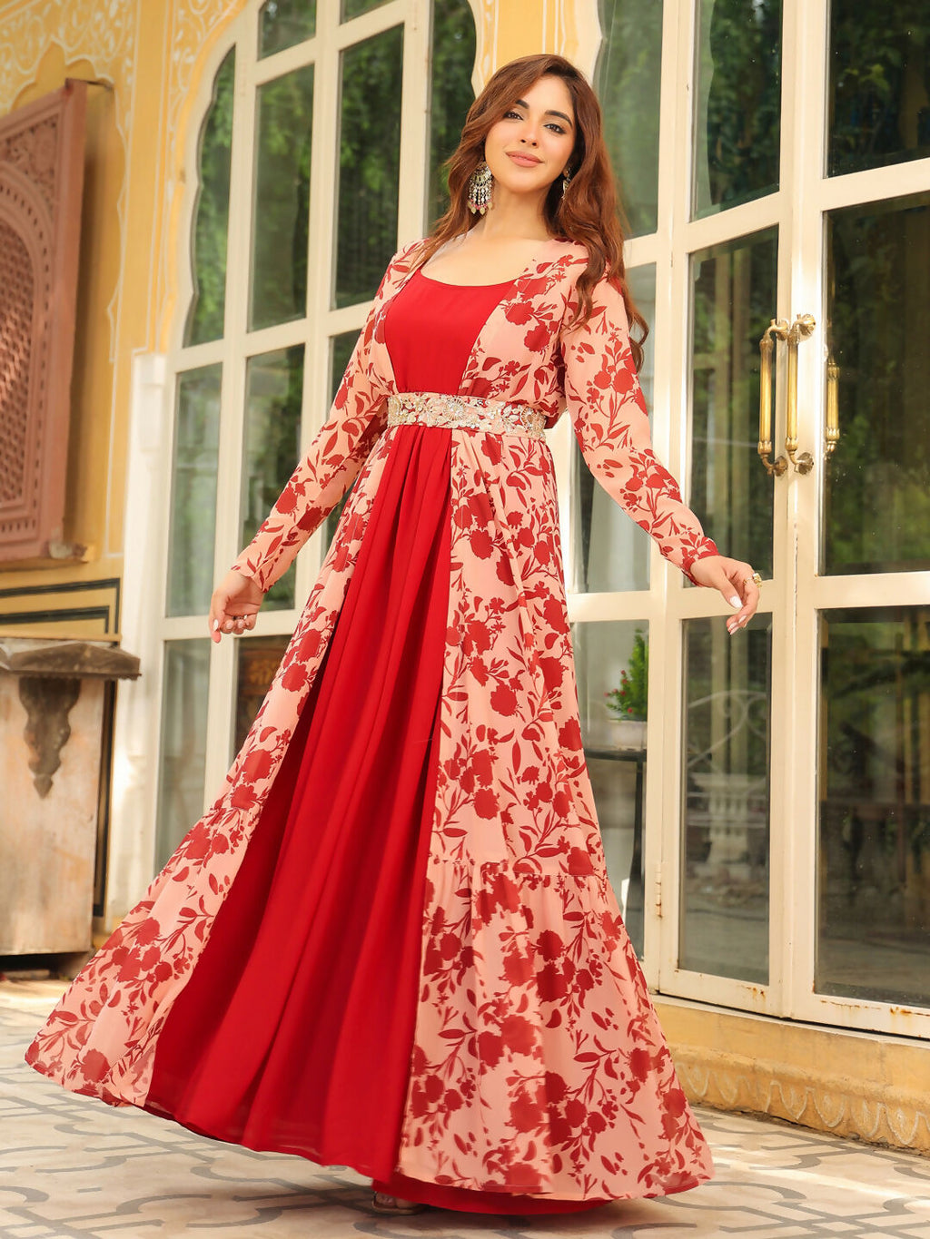 Janasya Maroon Georgette Solid Dress & Jacket | Grocsy