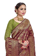 Vardha Women's Maroon Color Kanchipuram Raw Silk Saree with Unstitched Blouse Piece | Grocsy