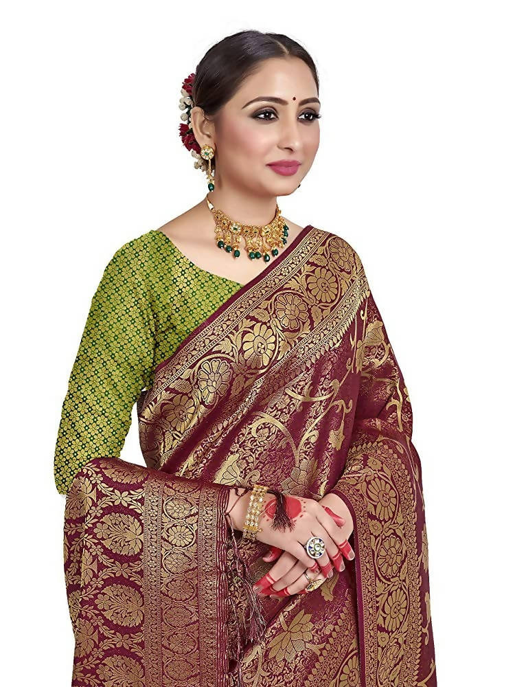 Vardha Women's Maroon Color Kanchipuram Raw Silk Saree with Unstitched Blouse Piece | Grocsy