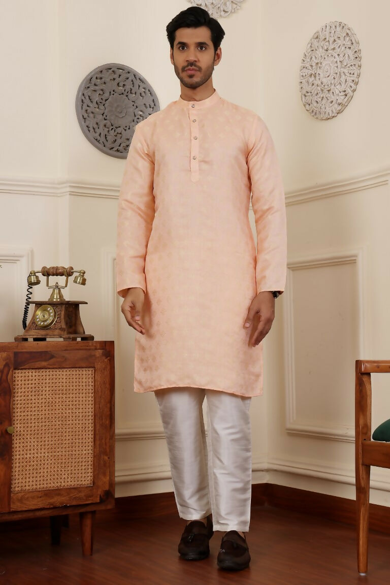 Peach Viscose Woven Jacquard Work Men's Rajwadi Kurta Set - Mahotsav | Grocsy
