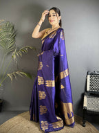 Joban Fashion Violet Motifs Zari Weaving Soft Silk Banarasi Saree | Grocsy