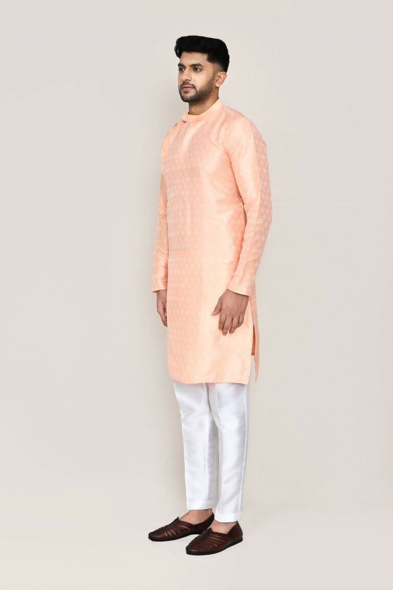 Joban Fashion Peach Colored Jacquard Silk Fabric Kurta With Straight Fit Pant | Grocsy