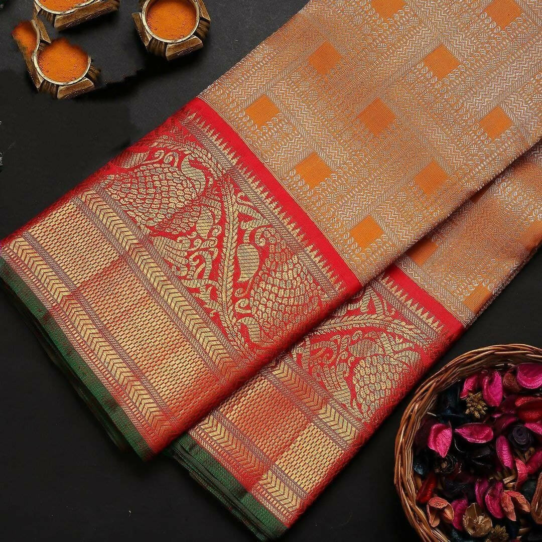 DEIANA'S Beautiful Designer Golden zari Soft Lichi Silk Saree - Orange | Grocsy