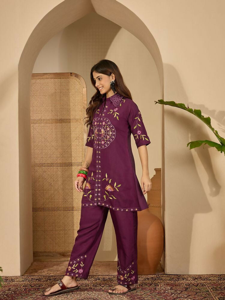 Joban Fashion Women Purple Roman Silk Embroidered Stitched Kurta Set | Grocsy