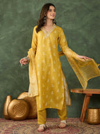 The52 Women's Gorgeous Rayon Fabric Printed Work Straight Kurta Pant and Dupatta Set | Grocsy