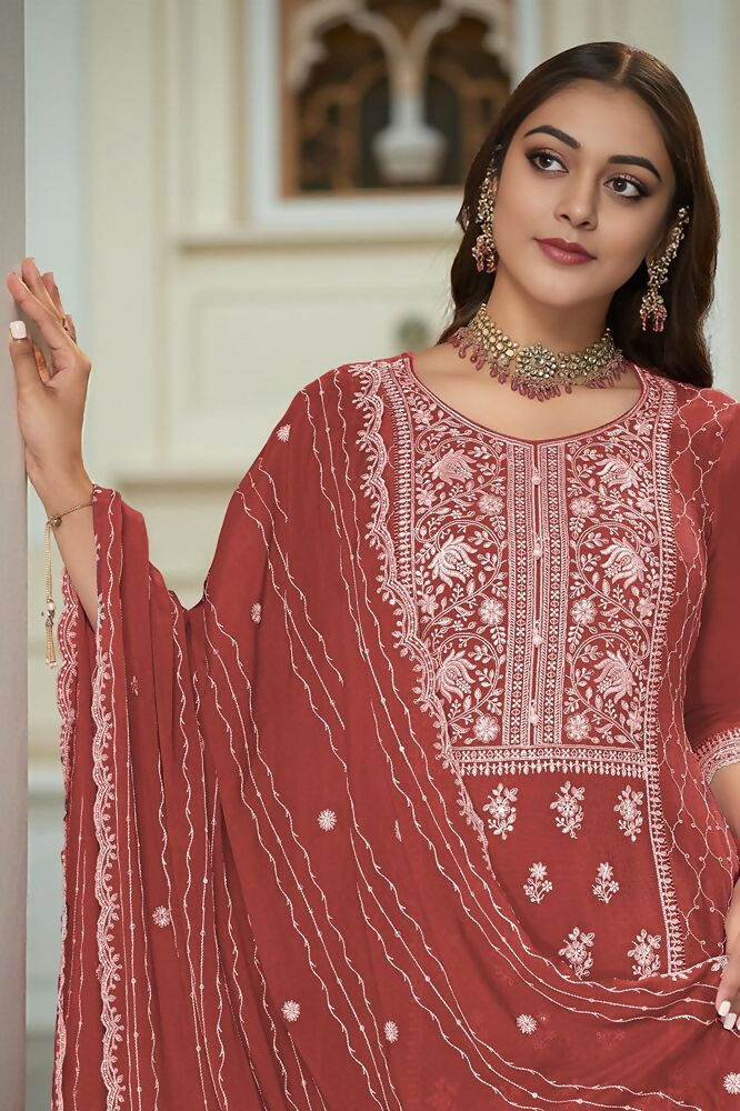 Ethnic Festive Wear Premium Chinon Fabric Rust orange Stitched Suit With Dupatta-Zeeya | Grocsy