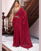 Maroon Georgette Swaroski Work Saree With Unstitched Blouse Piece - Juhi | Grocsy