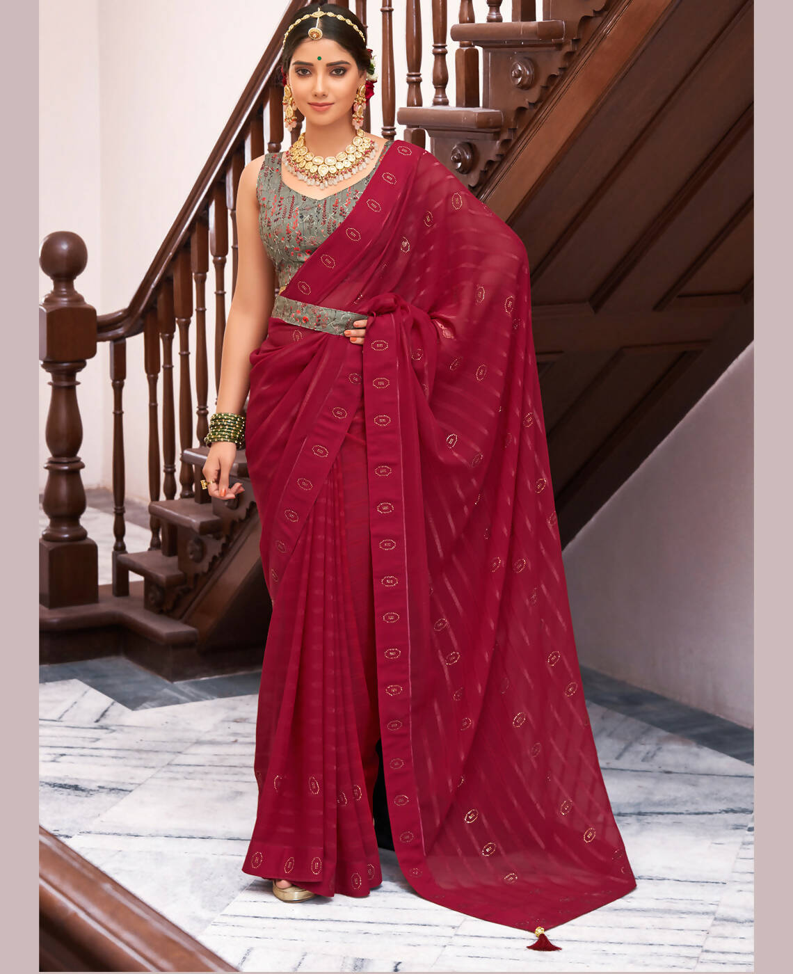 Maroon Georgette Swaroski Work Saree With Unstitched Blouse Piece - Juhi | Grocsy