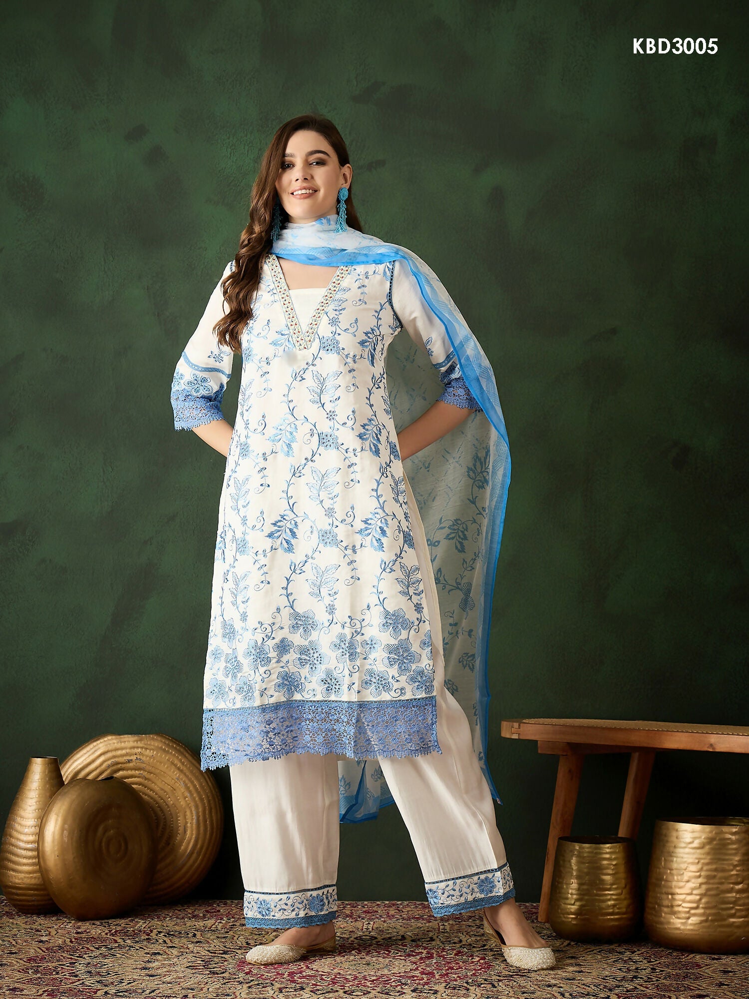 Blue & White Roman Silk Embroidered Kurta With Trouser & Dupatta - Bhumi | Grocsy