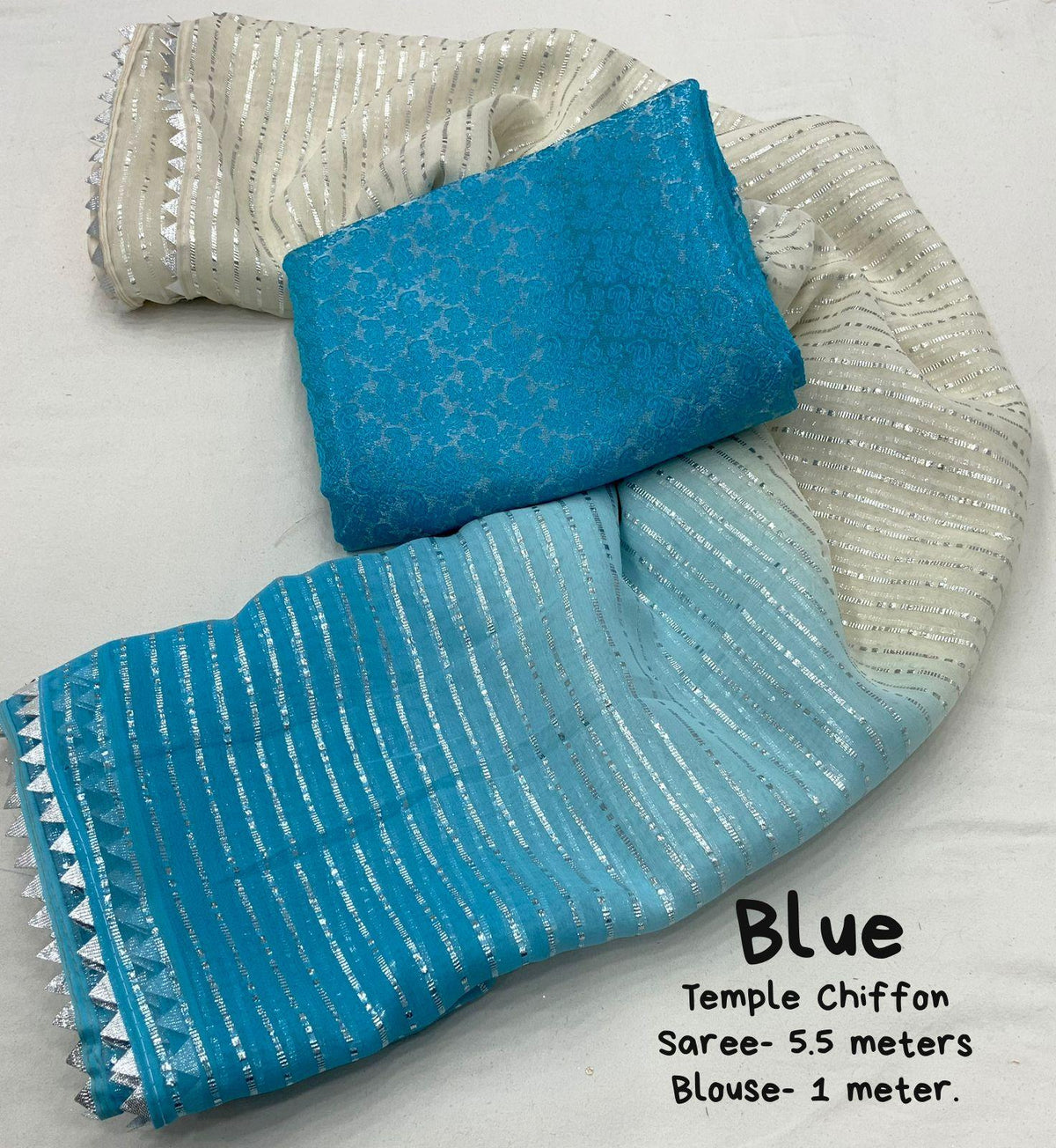 Blue Poly Chiffon Striped Saree with Unstitched Blouse - Hiral Fashion | Grocsy