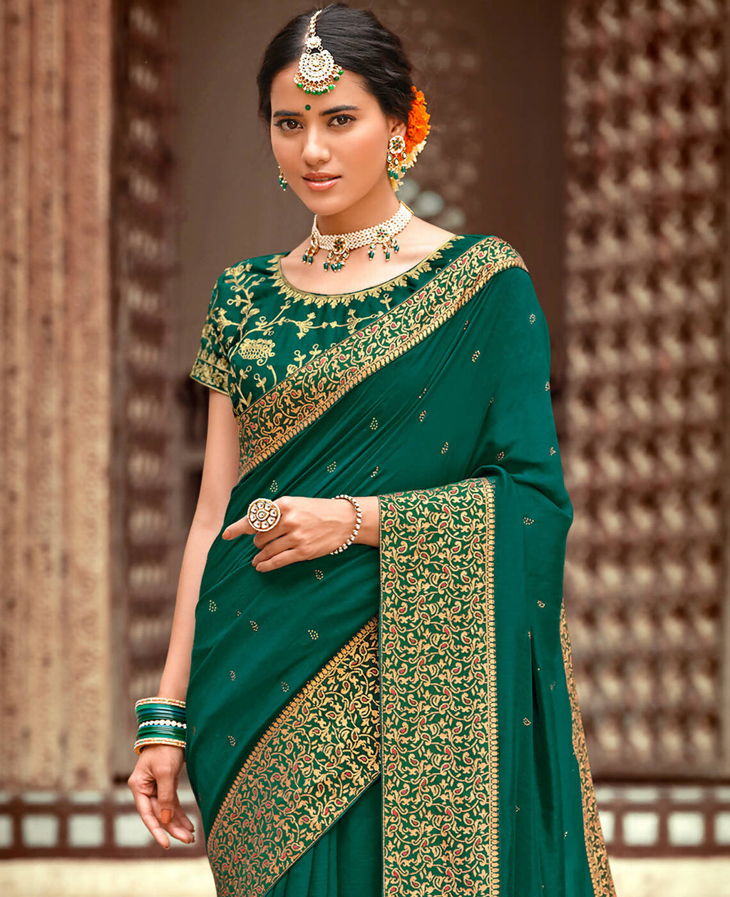 Bottle Green Vichitra Stone Work Saree With Unstitched Blouse Piece - Rosy | Grocsy