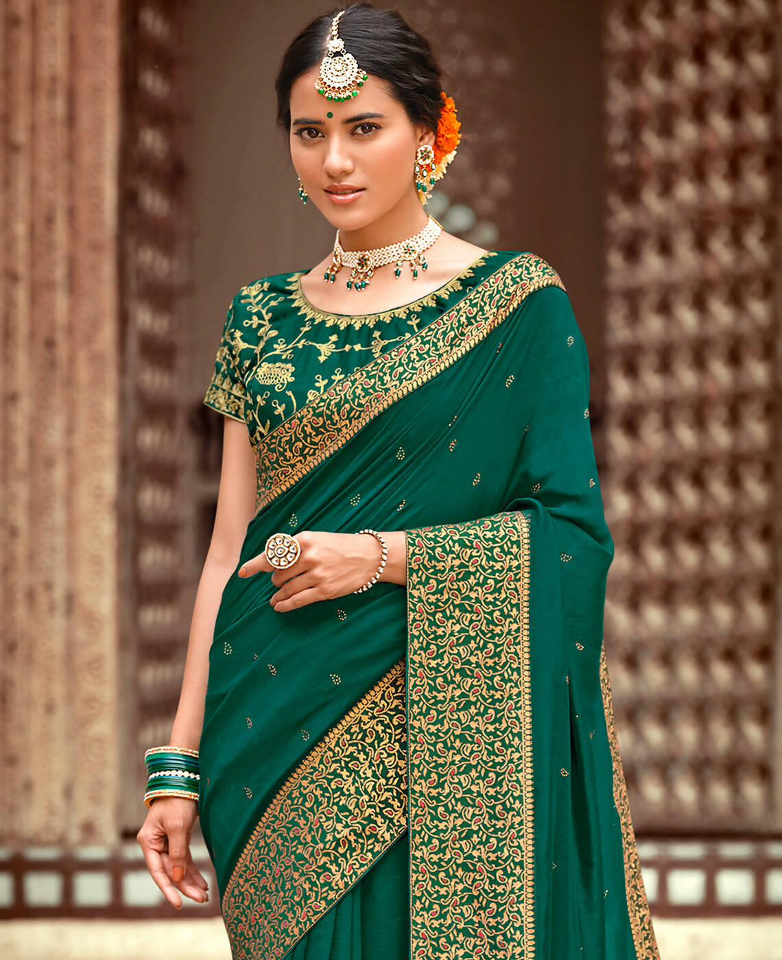 Bottle Green Vichitra Stone Work Saree With Unstitched Blouse Piece - Rosy | Grocsy