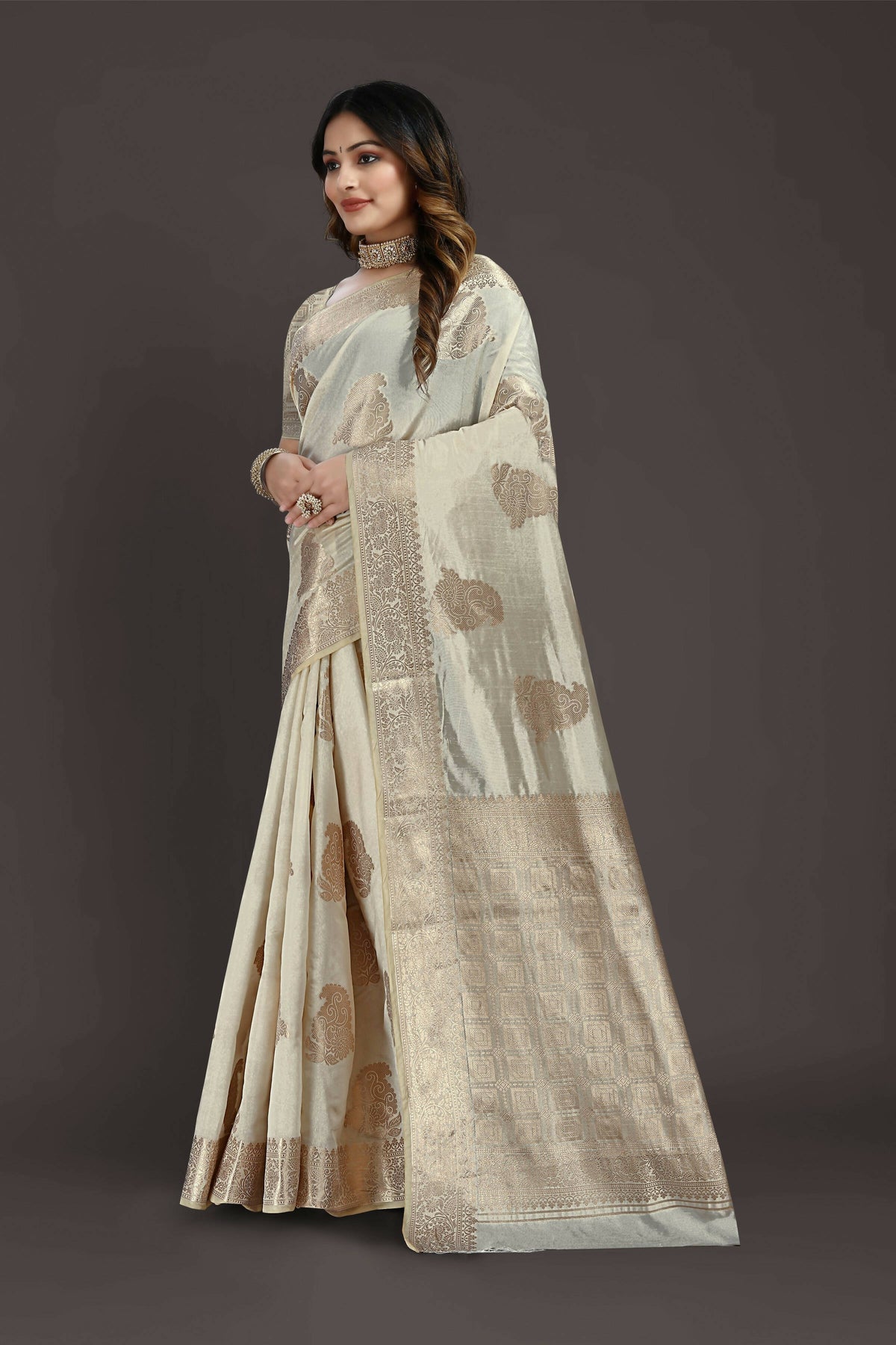Off White Pure Raw Silk Zari Woven Saree with Unstitched Blouse Piece - Alisha | Grocsy