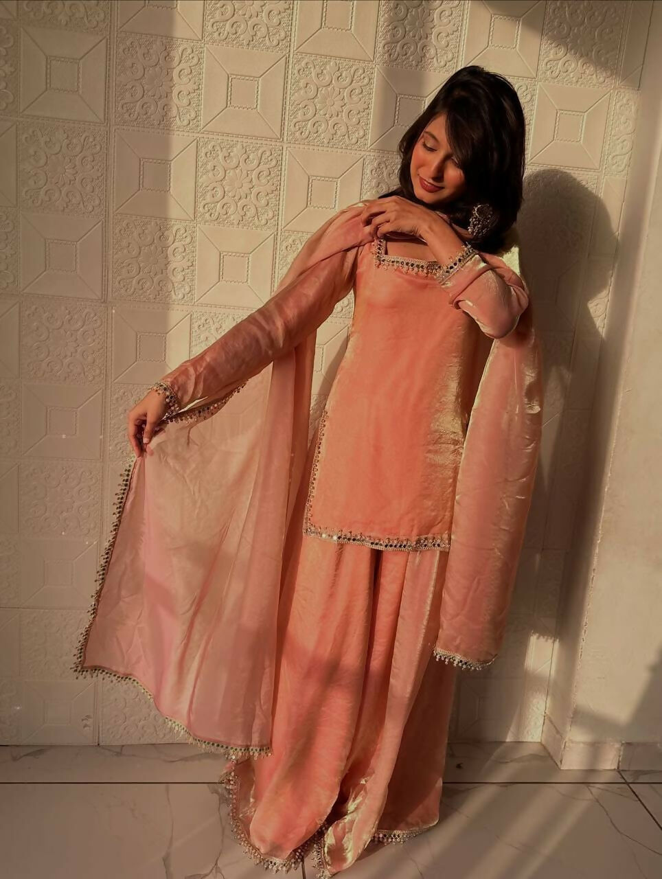 Teeya Creation Womens New Trending Less and Mirror Work Kurta Palazzo Set - Peach | Grocsy