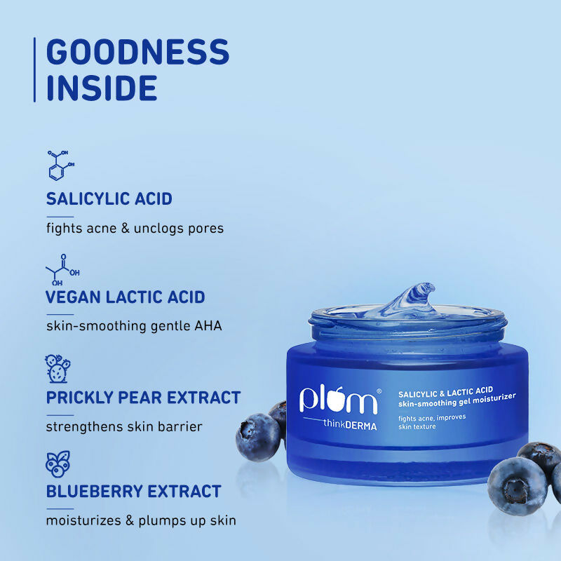 Plum Salicylic & Lactic Acid Skin-Smoothing Gel Moisturizer - For Active Acne & Oil-Free Hydration | Grocsy